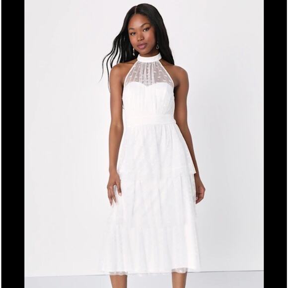 NEW Lulus Positively Precious White Floral Mesh Tiered Halter Midi Dress Lg NWT - Picture 1 of 11